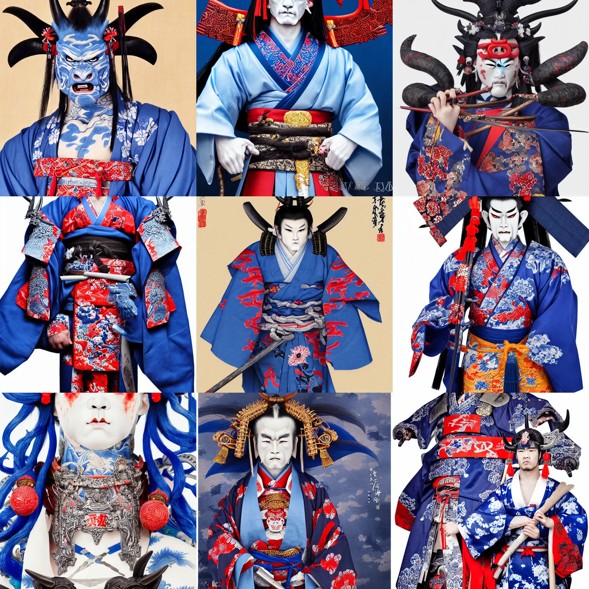 Prompt: a standing portrait of a male blue oni demon 鬼 👹 horns horns horns blue skin dressed as samurai 羽 織 haori kimono official portrait highly detailed, 4 k, hdr, smooth, sharp focus, high resolution, award - winning, illustrated by anne stokes, from sengoku period