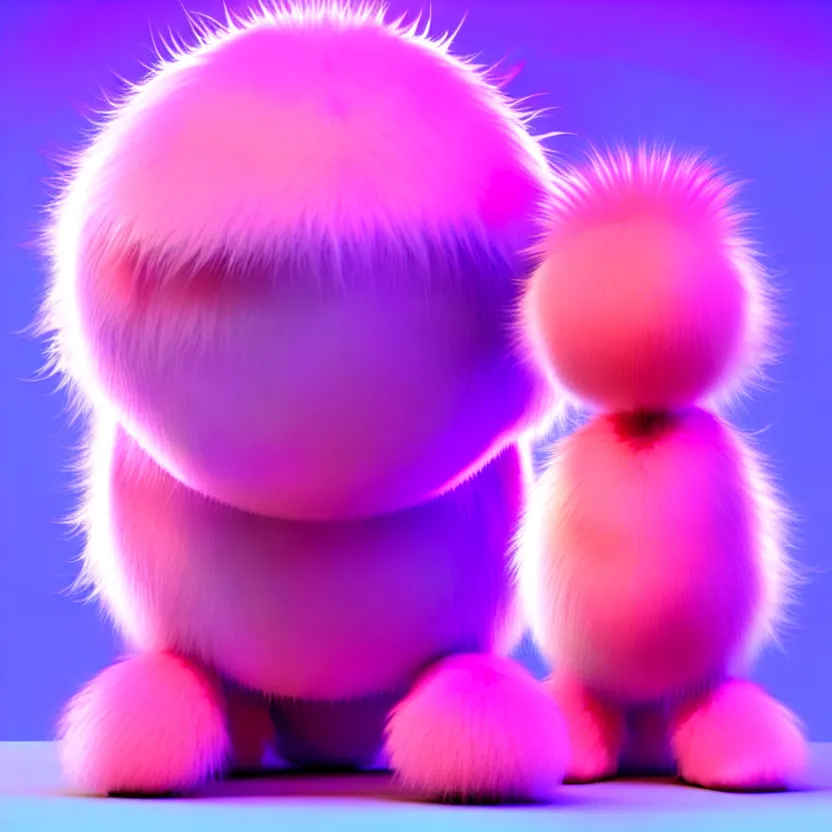 Image similar to high quality 3 d render hyperrealistic very cute big spherical creature, whiskers, plush mascot, short spiky dense fluffy smooth hair, isometric 3 d, psychedelic lighting pink fluffy fur 1 cm long, 1 5 0 mm, smooth background, artstation, ultra detailed, elegant, ultra detailed, octane render