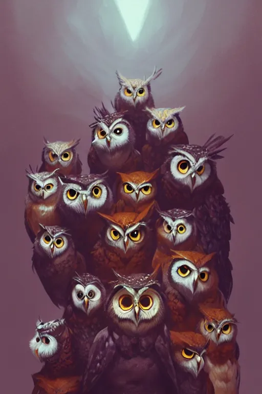 Image similar to portrait of a rock band made up of anthropomorphic owls, dramatic lighting, highly detailed, digital painting, artstation, concept art, smooth, sharp focus, illustration, art by wlop, mars ravelo and greg rutkowski