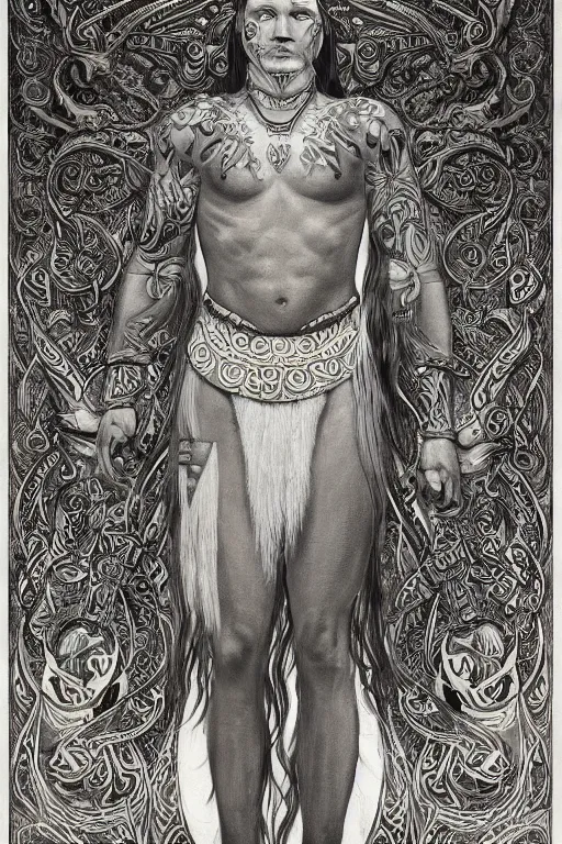 Image similar to a beautiful painting of full - body maori warrior, wisdom, good and evil, white ink + magical + symmetrical + detailed intricate + heraldic design + atmosphere high details, in the style of jean delville, artstation, 8 k, 4 k, cinematic