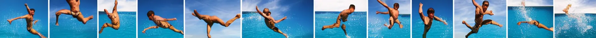 Image similar to 8 consistent frames from a video of a man jumping into a pool