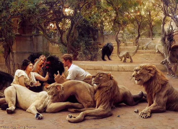 Prompt: a couple in love feeding the lions while a man lies dead on the ground, highly detailed painting by gaston bussiere, craig mullins, j. c. leyendecker