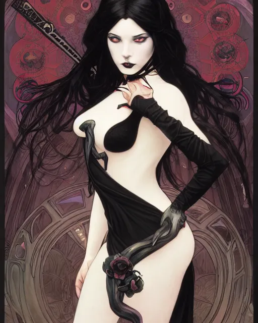 Image similar to portrait of beautiful goth girl cosplay with black hair, art by stanley lau and artgem and wlop and magali villeneuve and alphonse mucha and terry moore and greg rutkowski