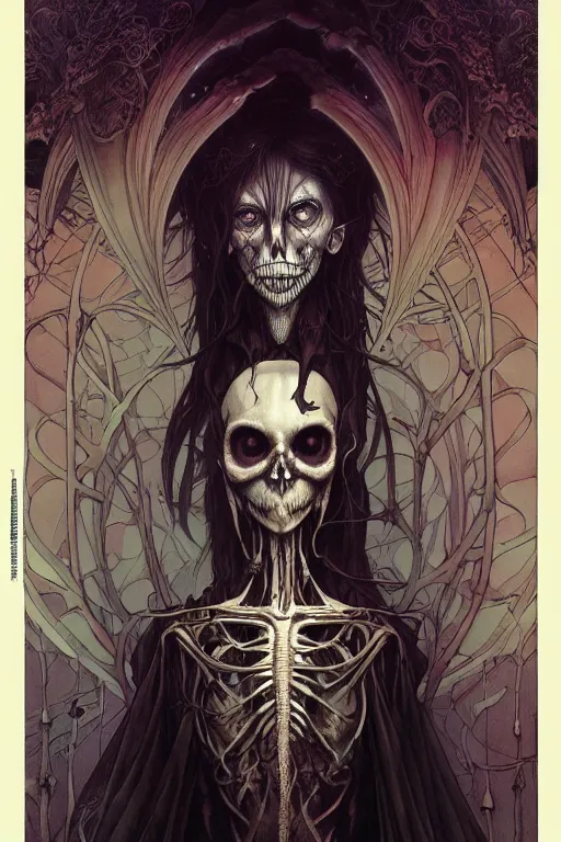 Prompt: artgerm, joshua middleton, mucha, beksinski, flourescent, heavy metal comic cover art, psychedelic triangular skeletal calcification fungus lich, full body, hollow eyes, symmetrical face, long black crown, in a dungeon background, moody dark colors