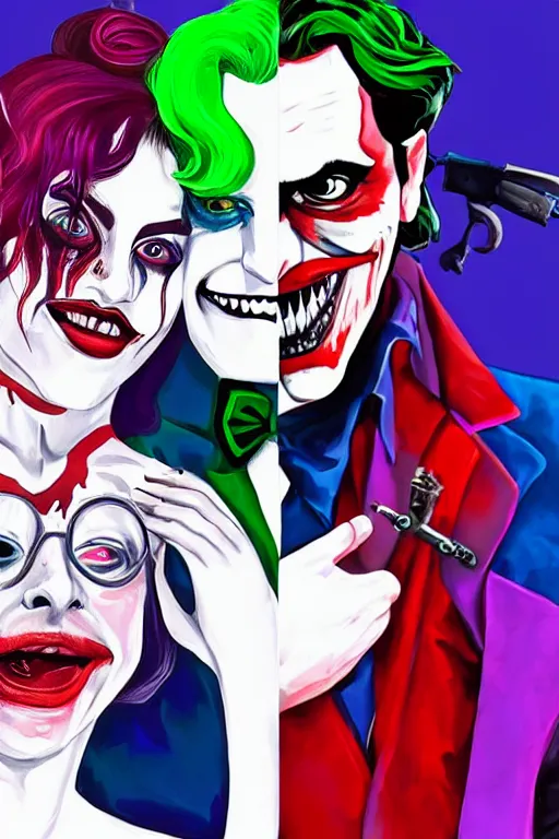 Image similar to joaquin phoenix as joker and lady gaga as harley quin love each other, fix duplicate content!, violet polsangi pop art, gta chinatown wars art style, bioshock infinite art style, incrinate, realistic anatomy, hyperrealistic, two colors, white frame, content proportion