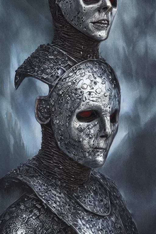 Image similar to full body concept art of Michael Myers wearing viking armor made with porcelain by Jeff Easley and Peter Elson + beautiful eyes, beautiful face + symmetry face + galaxy + gothic, surreal, dread + highly detailed, intricate complexity, epic composition, magical atmosphere + masterpiece, award winning + trending on artstation