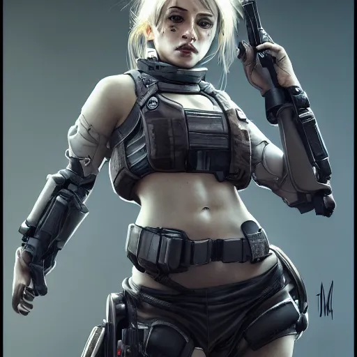 Prompt: beautiful female android, full round face, short smile, full body, post apocalyptic setting, medium shot, mid-shot, highly detailed, trending on Artstation