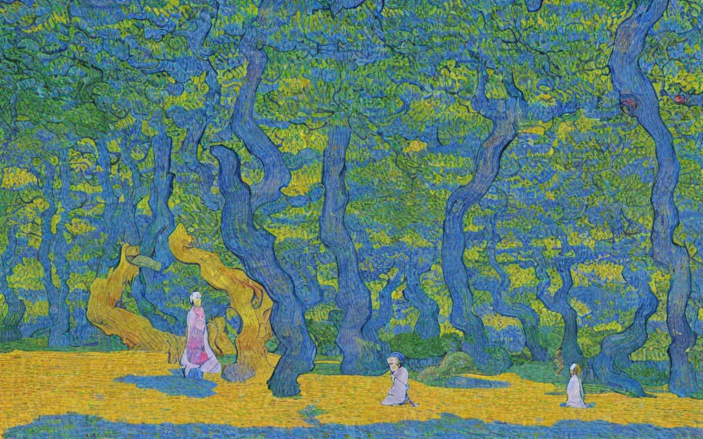 Image similar to a beautiful quiet park in fukuoka, fractal cubes. japanese embroidery. retro minimalist art by jean giraud and van gogh.