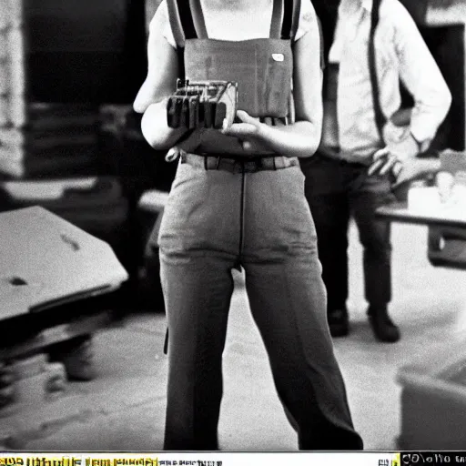 Prompt: photo, close up, emma watson in a hi vis vest, in warehouse, android cameraphone, as seen in 1 9 6 8 action movie, 2 6 mm,