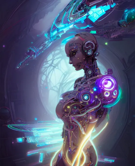 Image similar to whirlwind souls rushing inside metaverse, half body, glowin eyes, tiara, robotic, android, cyborg, cyberpunk face, by loish, d & d, fantasy, intricate, elegant, highly detailed, colorful, vivid color, digital painting, artstation, concept art, art by artgerm and greg rutkowski and alphonse mucha and ruan jia