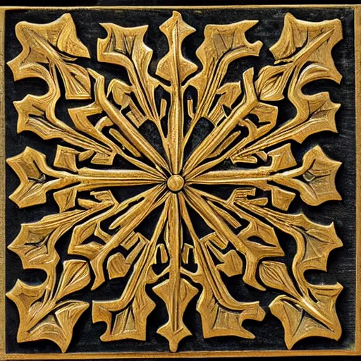 Image similar to ornate engraved carving of a snowflake on a gold panel