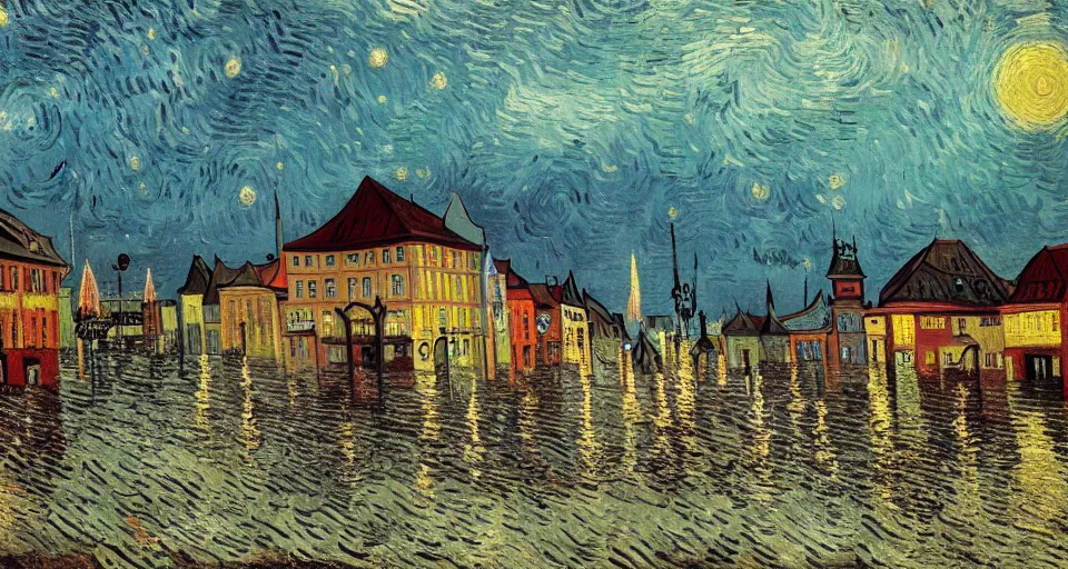 Image similar to dramatic landscape art of a german town being flooded during a thunderstorm, background art, concept art, dramatic lighting, trending on artstation, by Vincent Van Gogh