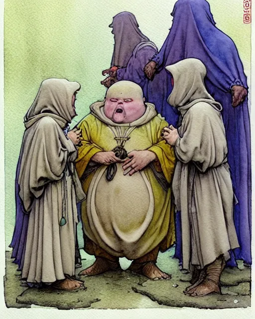 Prompt: a realistic and atmospheric watercolour fantasy character concept art portrait of a fat adorable dirty chibi alien greeting a group of medieval monks in grey robes. by rebecca guay, michael kaluta, charles vess and jean moebius giraud