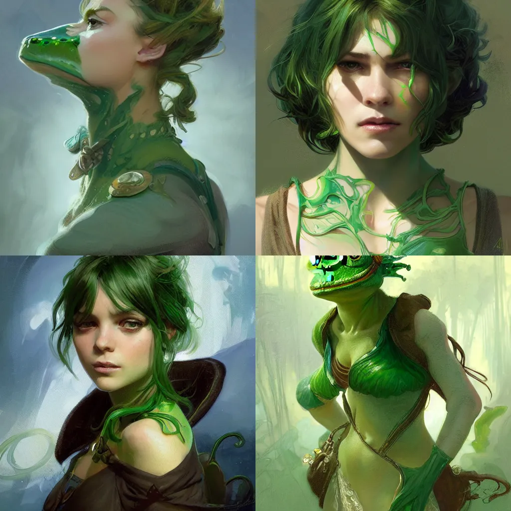 Prompt: Portrait of frog, D&D fantasy, short green hair with bangs, magic particles in the air, stern expression, intricate, highly detailed, digital painting, artstation, concept art, sharp focus, illustration, art by greg rutkowski and alphonse mucha @Jent