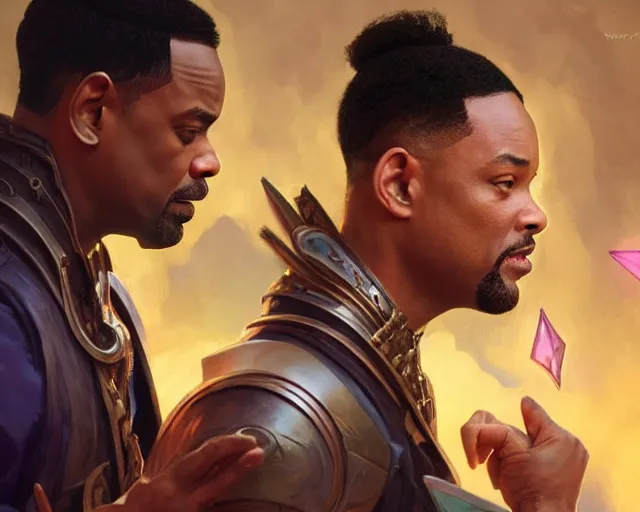 Prompt: will smith getting slapped by chris rock, deep focus, d & d, fantasy, intricate, elegant, highly detailed, digital painting, artstation, concept art, matte, sharp focus, illustration, hearthstone, art by artgerm and greg rutkowski and alphonse mucha