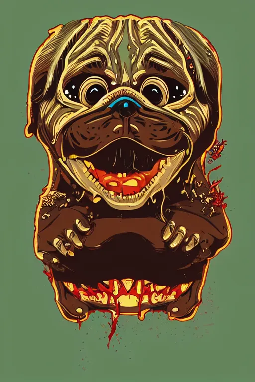 Image similar to demon pug eating flesh. art by mike winkelmann, sticker, colorful, illustration, highly detailed, simple, smooth and clean vector curves, no jagged lines, vector art, smooth