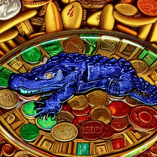 Image similar to gator sleeping on pile of coins and rubies, river, green, brown, blue, airbrush