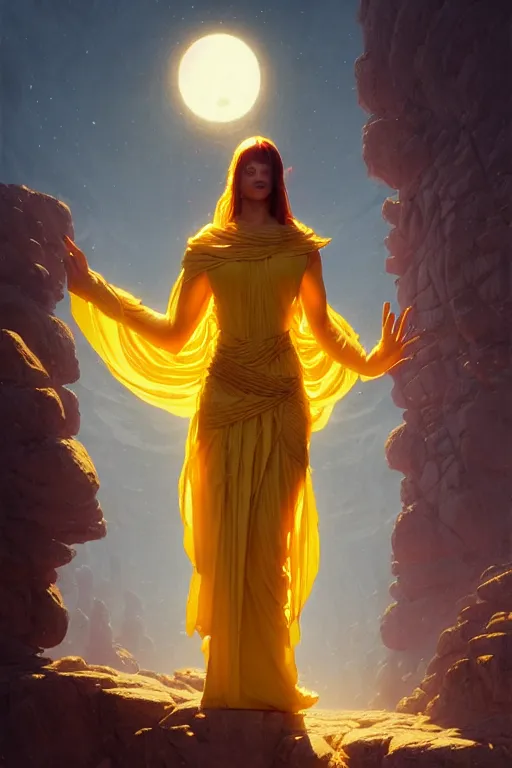 Prompt: possessed woman wearing an ancient greek tunic made of yellow paper, stephen bliss, unreal engine, fantasy art by greg rutkowski, rhads, ferdinand knab, makoto shinkai and lois van baarle, ilya kuvshinov, rossdraws, tom bagshaw, global illumination, radiant light