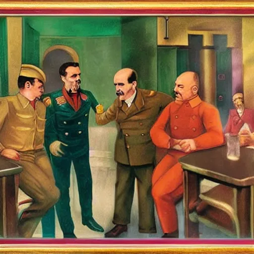 Prompt: Gay-Stalin and Gay-Lenin in gay bar, Very Highly Detailed Realistic colourfull photography