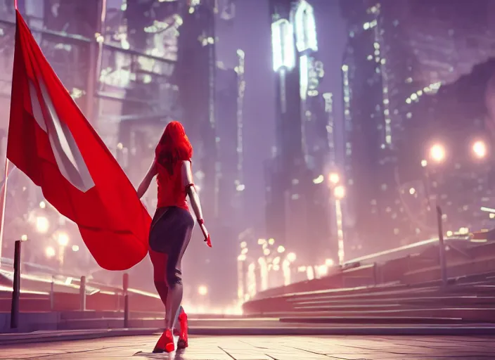 Prompt: glowing young woman carrying a red propaganda flag walking through beautiful futuristic city by Alexander Labas and Tatyana Yablonskaya and Viktor Tsvetkov, Unreal Engine 5, Lumen, Nanite, 85mm