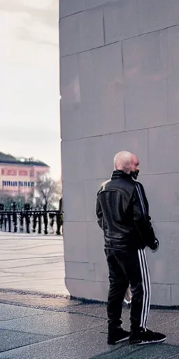 Prompt: sad russian middle aged man in black leather jacket, white adidas pants. extreme long shot