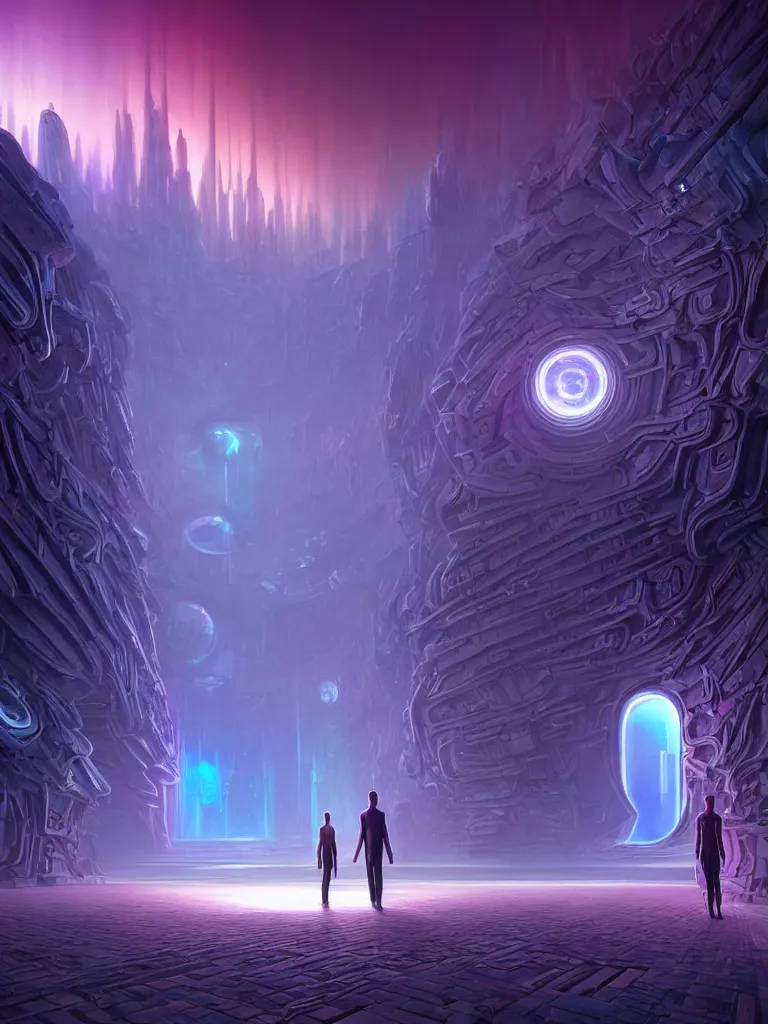 Image similar to entrance to ethereal realm, humans and robots, rendered in unreal engine, central composition, symmetrical composition, dreamy colorful cyberpunk colors, 6 point perspective, fantasy landscape with anthropomorphic!!! terrain!!! in the styles of igor morski, jim warren, and rob gonsalves, intricate, hyperrealistic, volumetric lighting, big sky, distinct horizon