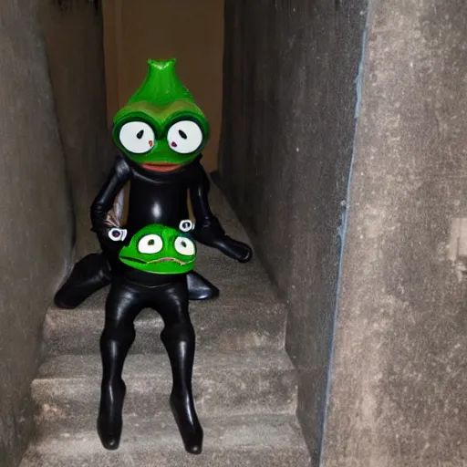 Image similar to Pepe the frog wearing black leather crawling out of a basement from a dark stair