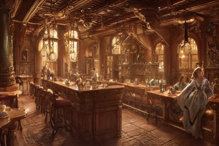 Image similar to ultra realistic illustration, baroque tavern interior from diablo and baldurs gate, intricate, elegant, highly detailed, digital painting, artstation, concept art, smooth, sharp focus, illustration, art by artgerm and greg rutkowski and alphonse mucha