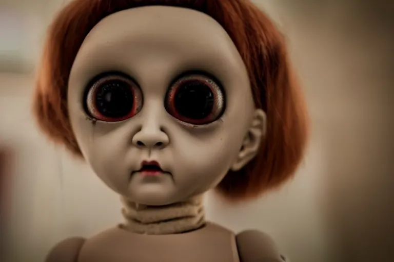 Image similar to a creepy doll with human eyes staring out at the viewer, horror movie 4 k