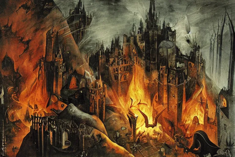 Prompt: dark souls firelink shrine painted by hieronymus bosch