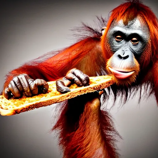 Image similar to an orangutan burnt onto a piece of toast, 4 k, hyper realistic, dslr, high resolution, landscape, beautiful