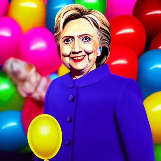Prompt: lizard faced Hillary Clinton looking at brightly colored balloons, photo, detailed, 4k