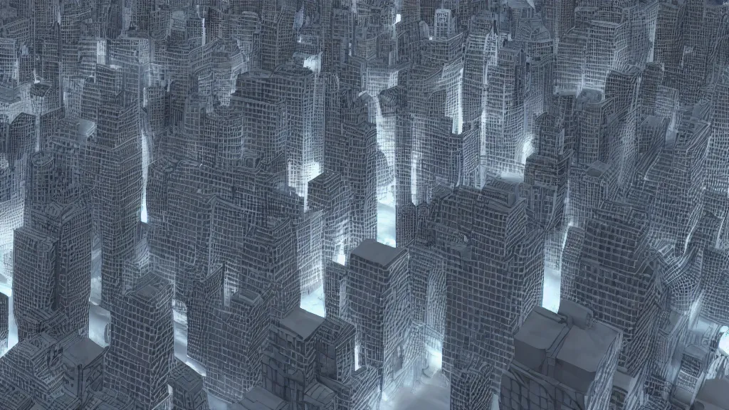 Image similar to 3 d fractal cityscape at night, ambient occlusion, octane render