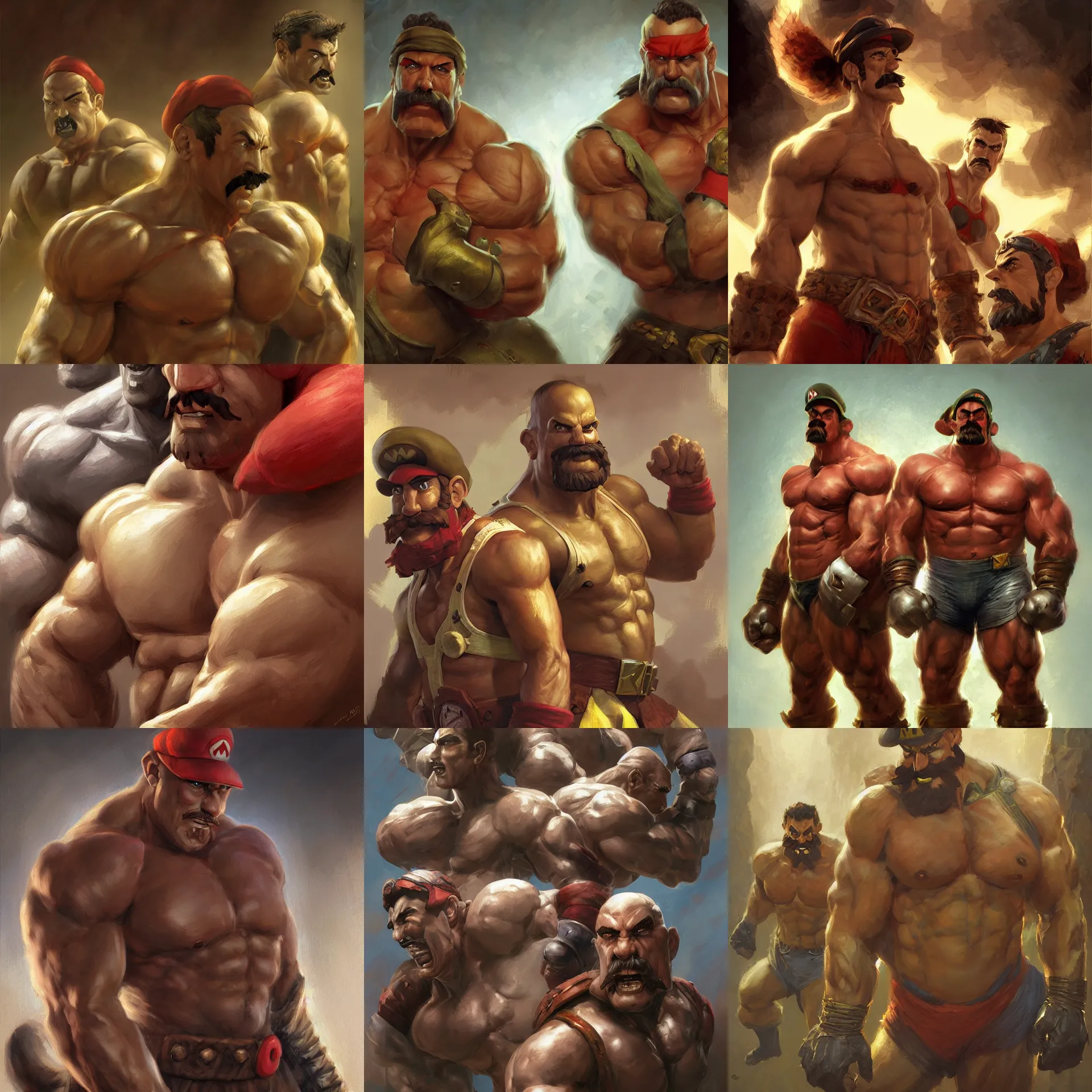 Prompt: digital art painting of muscular mario bros, buffed, strong painted by craig mullins and gaston bussiere and greg rutkowski, dramatic lighting, symmetrical facial features, symmetrical face, defined facial features