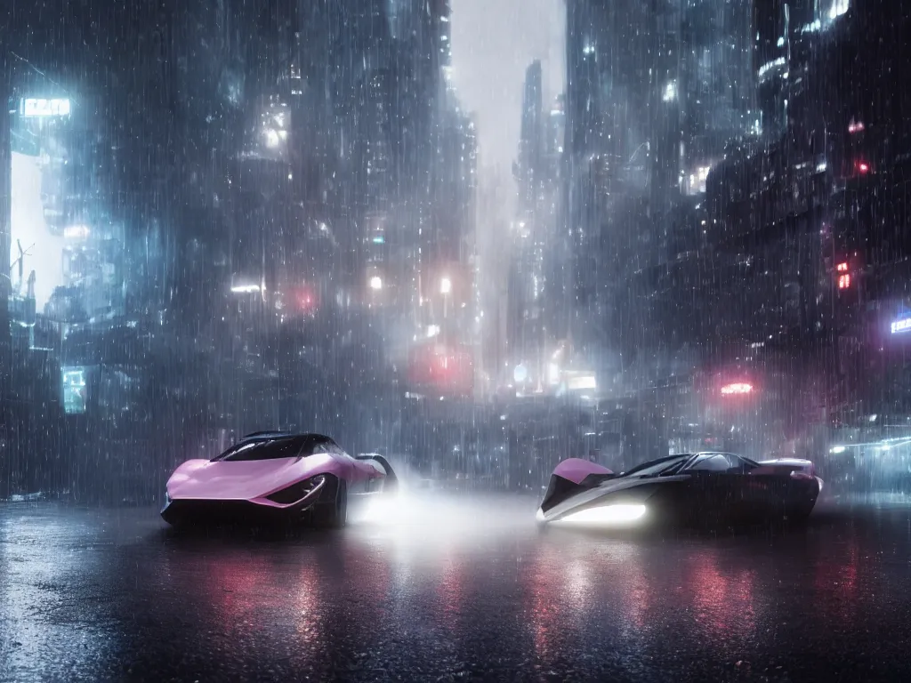 Image similar to film still of a Futuristic supercar on wet city streets, mist, volumetric lighting, octane, cyberpunk