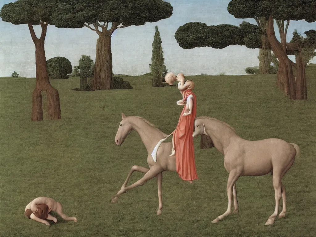 Image similar to Horse carrying tree. Baby on the ground. Painting by Alex Colville, Piero della Francesca