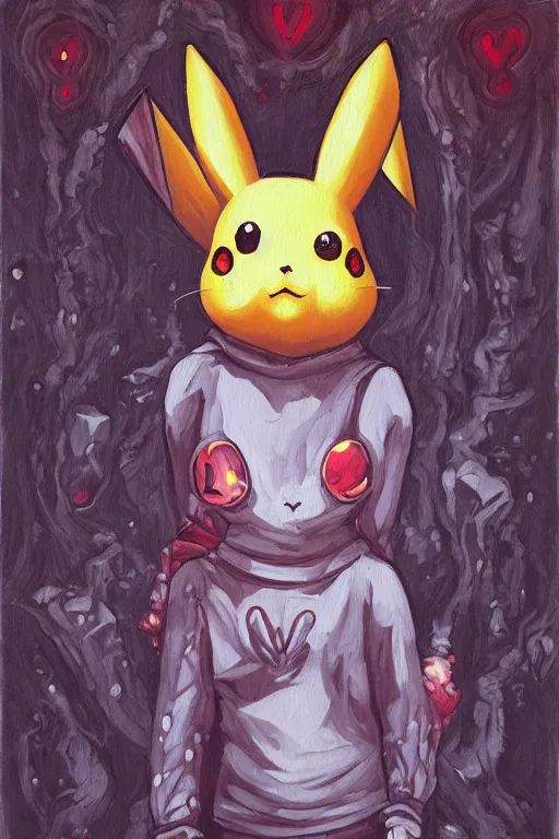 Image similar to an infinitely detailed oil painting of a gothic pikachu by kuraya emi yume nikki inspired | atmospheric