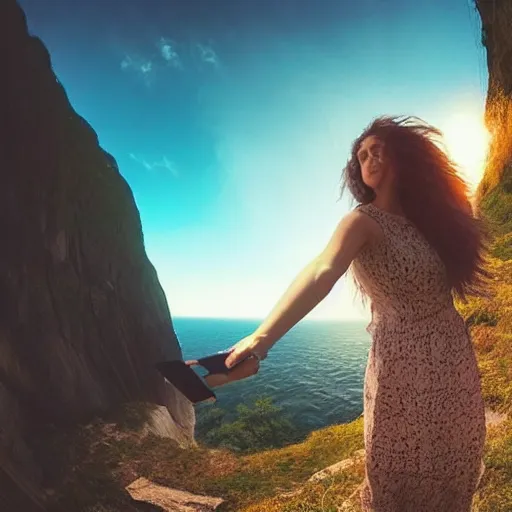 Prompt: Selfie of a beautiful woman with gorgeous flowy hair, standing over a cliff, beautiful volumetric lighting, subsurface scattering, (((((vivid))))) atmosphere, radiant sunshine, trending on artstation, 4k, 8k, artstation portrait imagery, fisheye!!!!! lens, instagram!!!!! selfie!!!!!