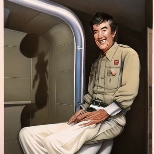 Prompt: Actor Randolph Mantooth is smiling as he climbs out of a toilet bowl by Ralph McQuarrie