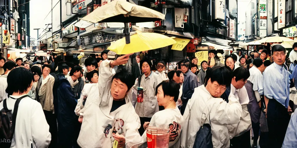 Image similar to street photography of an izakaya midday, people in 9 0 s fashion, in tokyo shinjuku, shot on kodak gold with a canon 3 5 mm lens aperture f / 5. 6, masterful photography by haruto hoshi and yang seung - woo and saul leiter, hyper - realistic