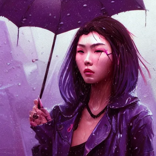 Image similar to very detailed masterpiece painting of a very beautiful wet asian young cyberpunk woman with dark purple hair, cyberpunk background, raining, closeup, portrait, artstation, concept art by greg rutkowski