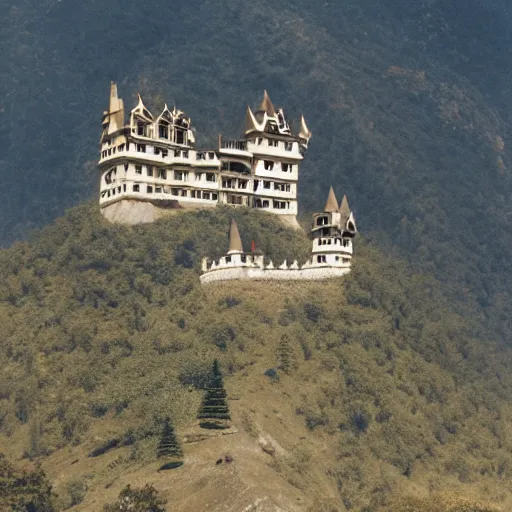 Prompt: a little castle in the middle of a mountain of the Himalayas, photoshoot style, realist, cinematic shot, 1950's photography