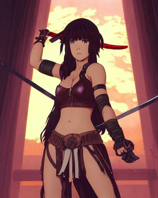 Prompt: Anime as Xena-warrior-queen girl cute-fine-face, brown-red-hair pretty face, realistic shaded Perfect face, fine details. Anime. realistic shaded lighting by Ilya Kuvshinov katsuhiro otomo ghost-in-the-shell, magali villeneuve, artgerm, rutkowski, WLOP Jeremy Lipkin and Giuseppe Dangelico Pino and Michael Garmash and Rob Rey