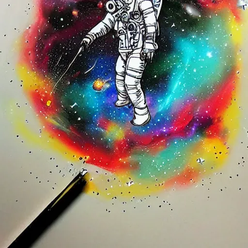 Prompt: beautiful astronaut floating in orbit around a colorful exploding nebula, intricate ink drawing by kim jung gi