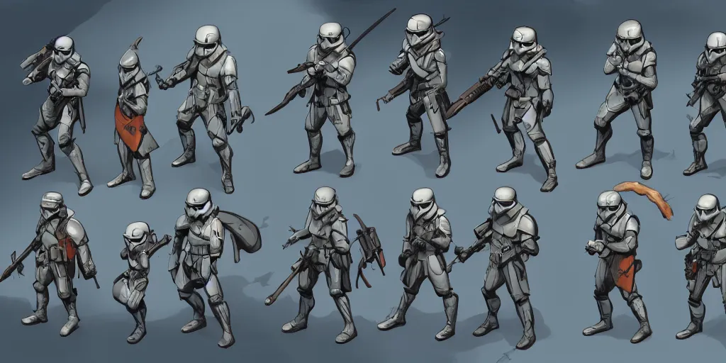 Image similar to isometric storm troopers character design, idle, rpg, fire emblem, colored, sprite, pc game, sideview, art by moebius and greg rutkowski.