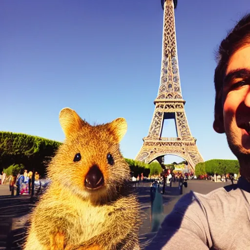Image similar to a quokka taking a selfie in front of the eiffel tower, photorealistic