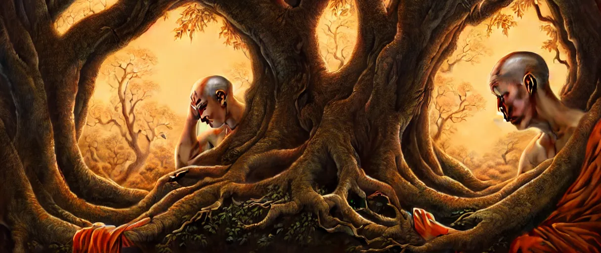 Prompt: hyperrealistic hyper detailed rococo 35mm portrait of handsome cyborg monk praying to a giant oak tree matte painting concept art key sage hannah yata very dramatic orange lighting low angle hd 8k sharp shallow depth of field