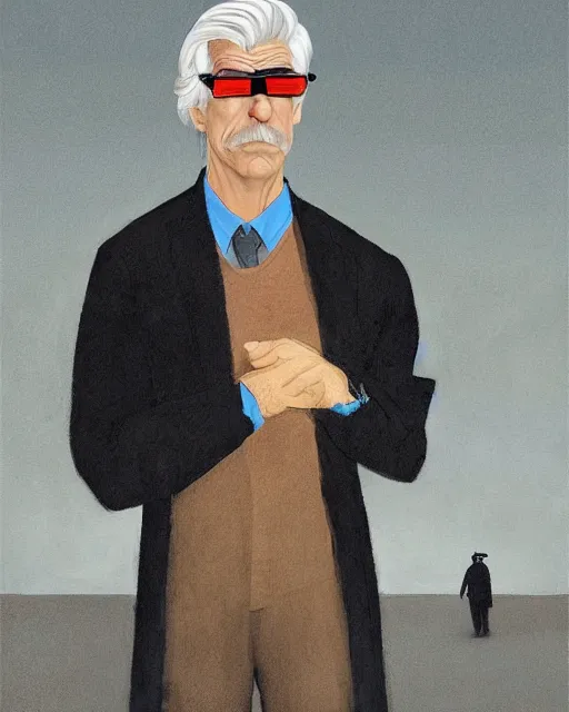 Image similar to Portrait Sam Elliott wearing safety goggles and black coat by charlie bowater elina brotherus greg rutkowski Dan Witz paul klee jamie wyeth victo ngai