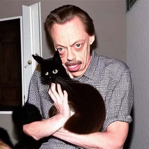 Image similar to a tmz photo of steve buscemi eating a cat