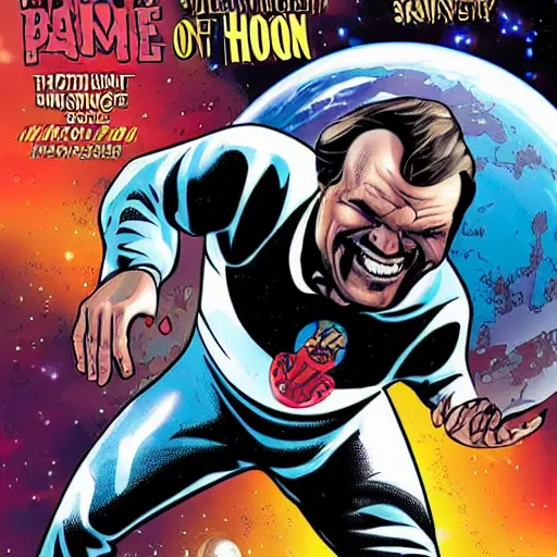 Prompt: a dark horse comic book cover of jack Nicholson hovering in space and holding! Planet! Earth! In his palm!.